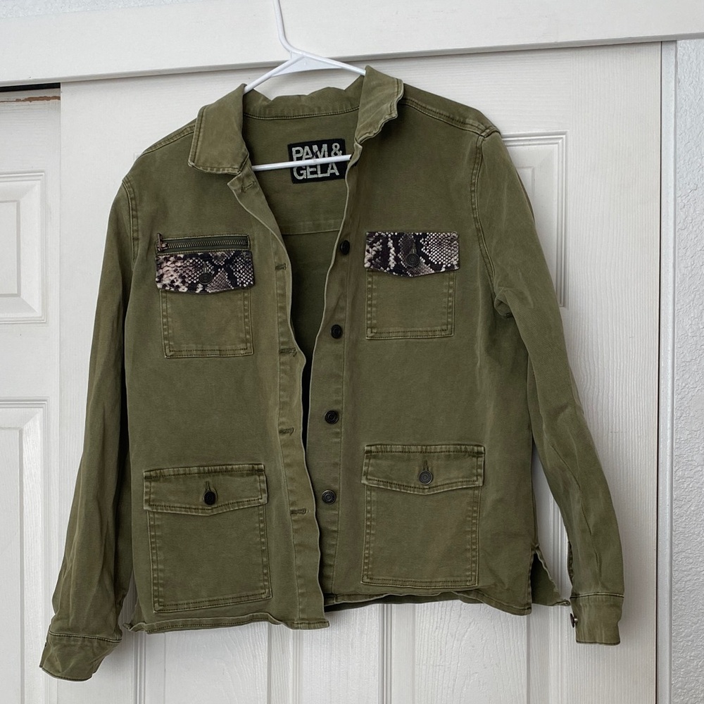 Pam & Gela Olive Green Jacket with Snake Print Accents